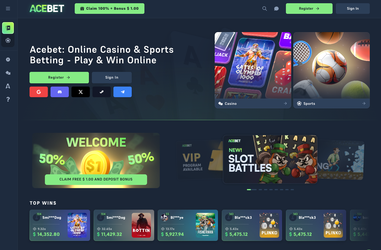 Acebet crypto casino homepage screenshot