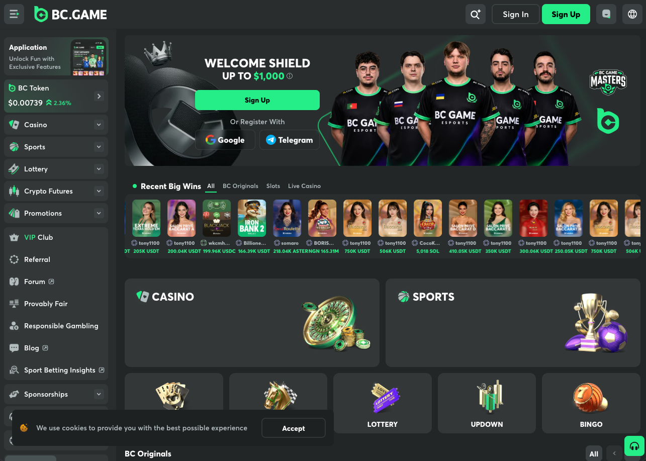 BC.Game crypto casino homepage screenshot