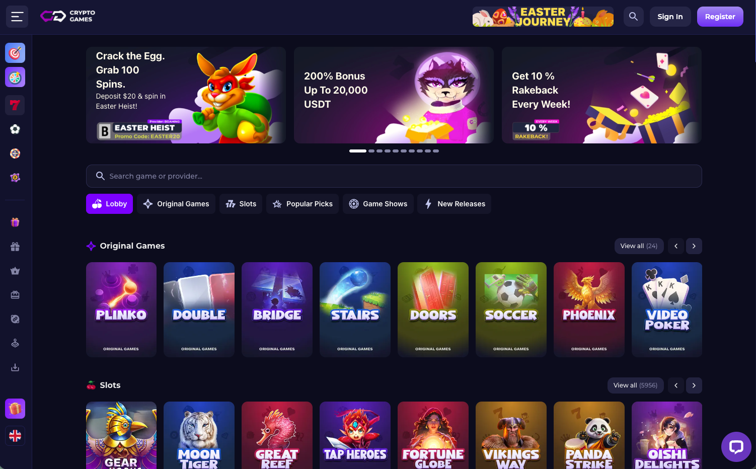 CryptoGames crypto casino homepage screenshot