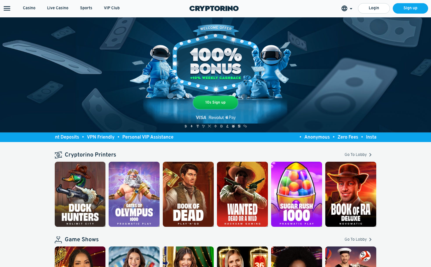Cryptorino crypto casino homepage screenshot