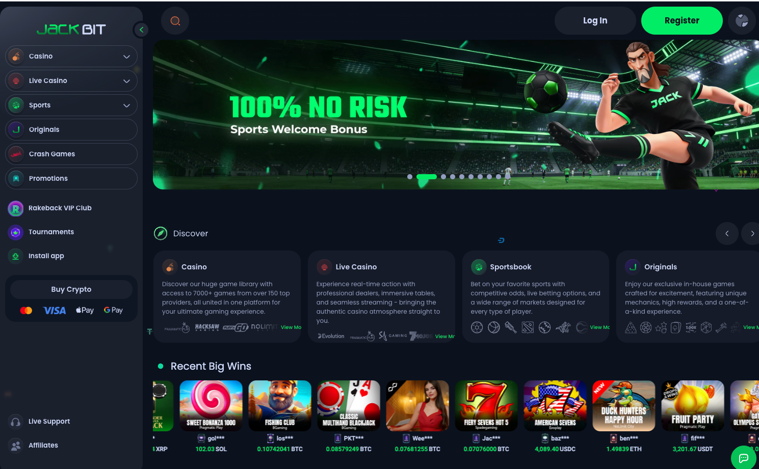 Jackbit crypto casino homepage screenshot