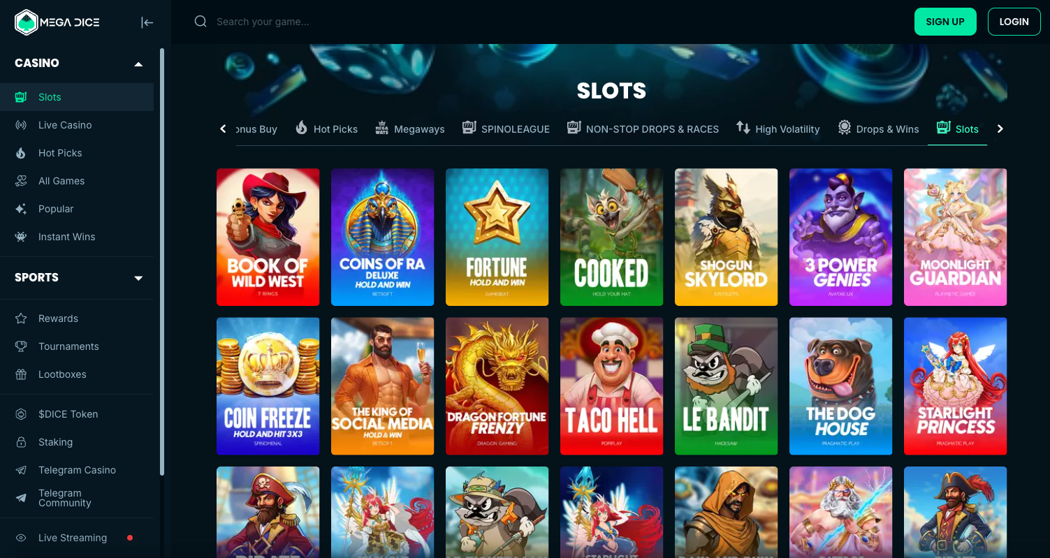 MegaDice crypto casino homepage screenshot