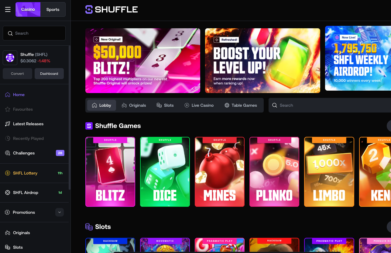 Shuffle crypto casino homepage screenshot